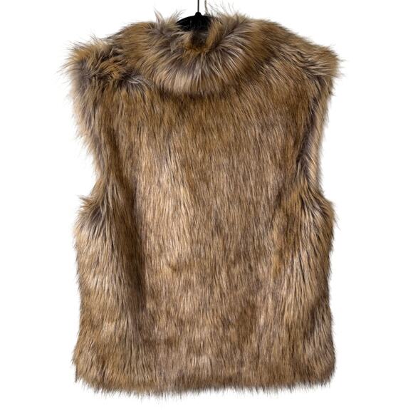 Faux Fur Vest SZ M/L Brown Tan Mob Wife Fury Fuzzy Pockets - Picture 2 of 8
